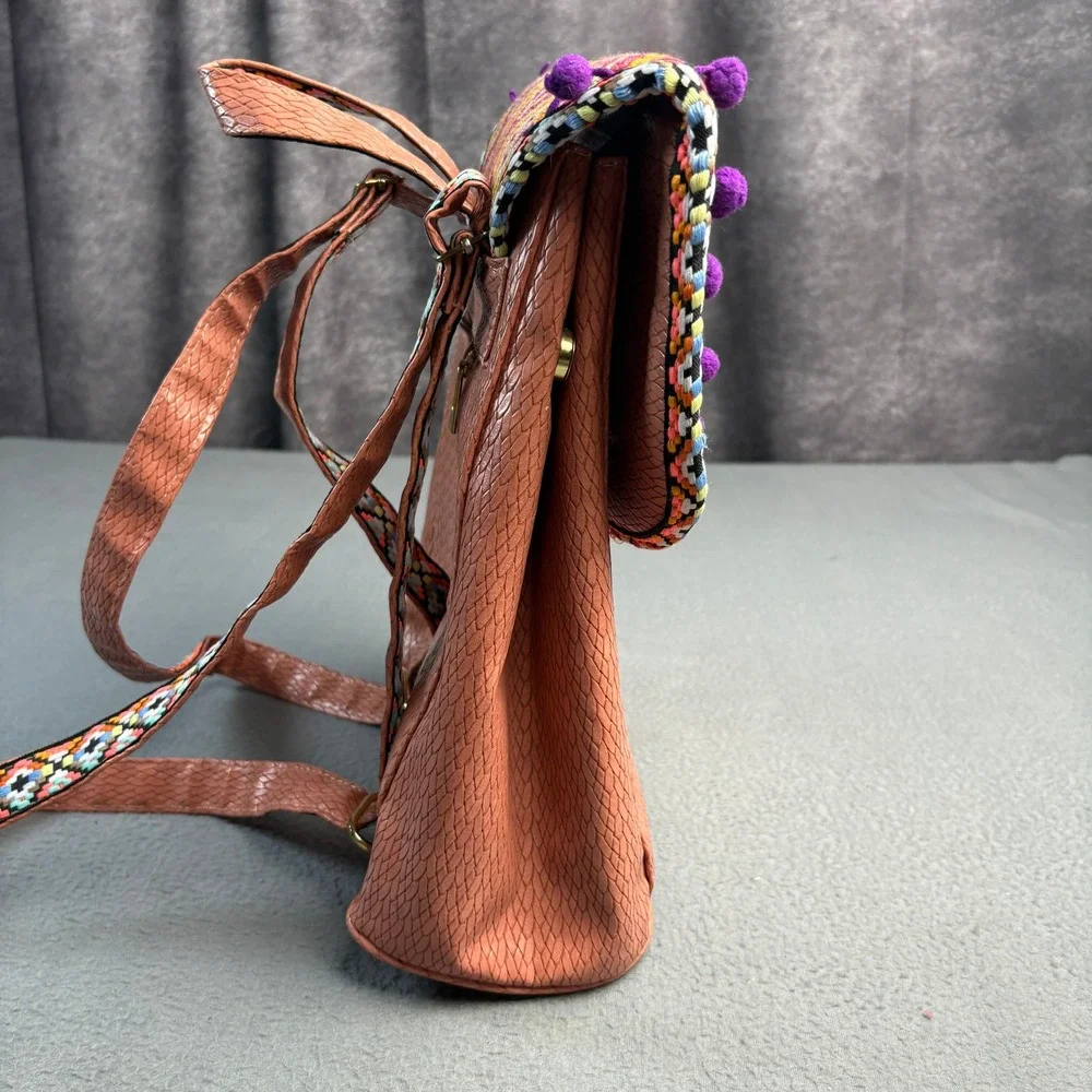 Boho Mini Backpack Terracotta Faux Leather Woven Geometric Pom Pom Trim Pink